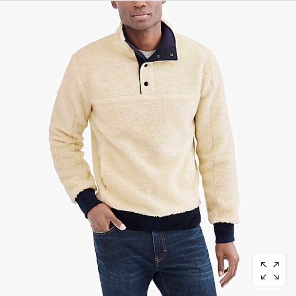 J Crew Sherpa Mockneck Pullover in Creme with Navy